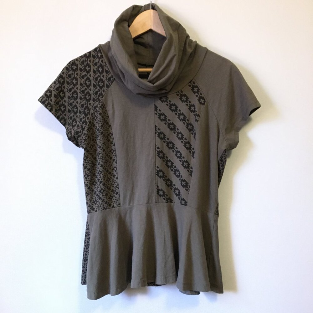 Elfarrow Olive Green Patchwork Cotton Hemp Peplum Cowl Top L Fairy Grunge Vtg
